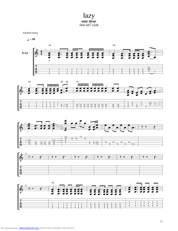 Lazy guitar pro tab by Noir Desir
