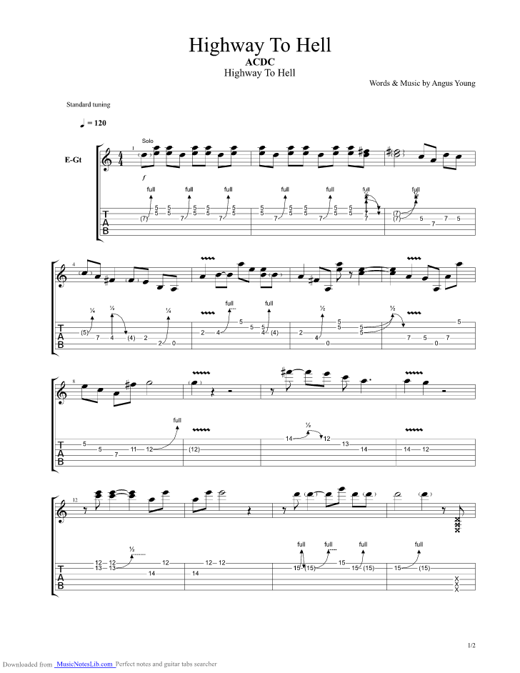 Highway To Hell solo guitar pro tab by AC DC