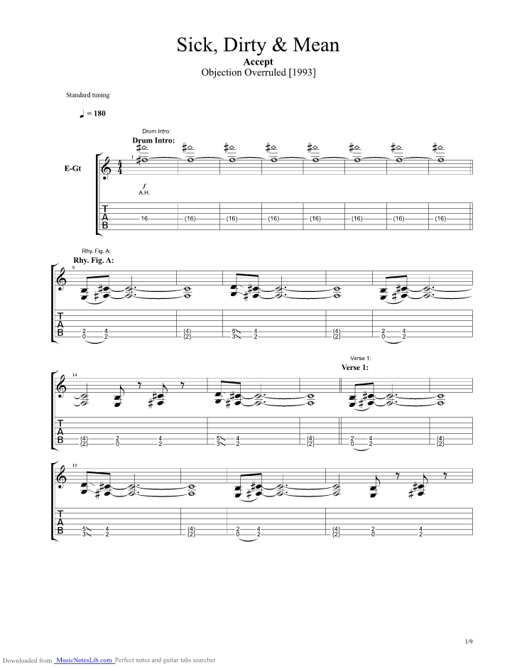 Sick Dirty and Mean guitar pro tab by Accept