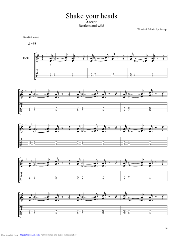Shake Your Heads guitar pro tab by Accept