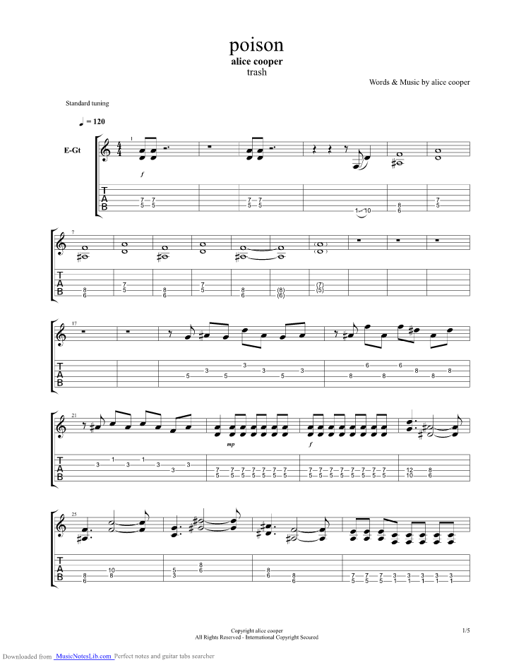 Poison guitar pro tab by Alice Cooper