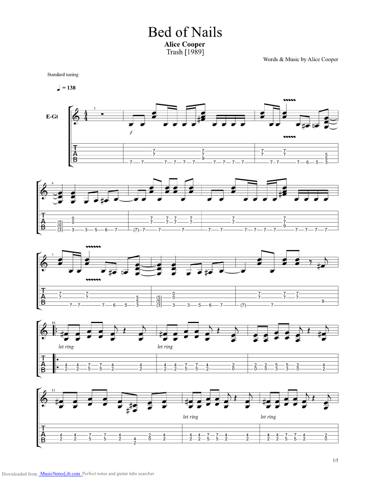 Bed Of Nails guitar pro tab by Alice Cooper
