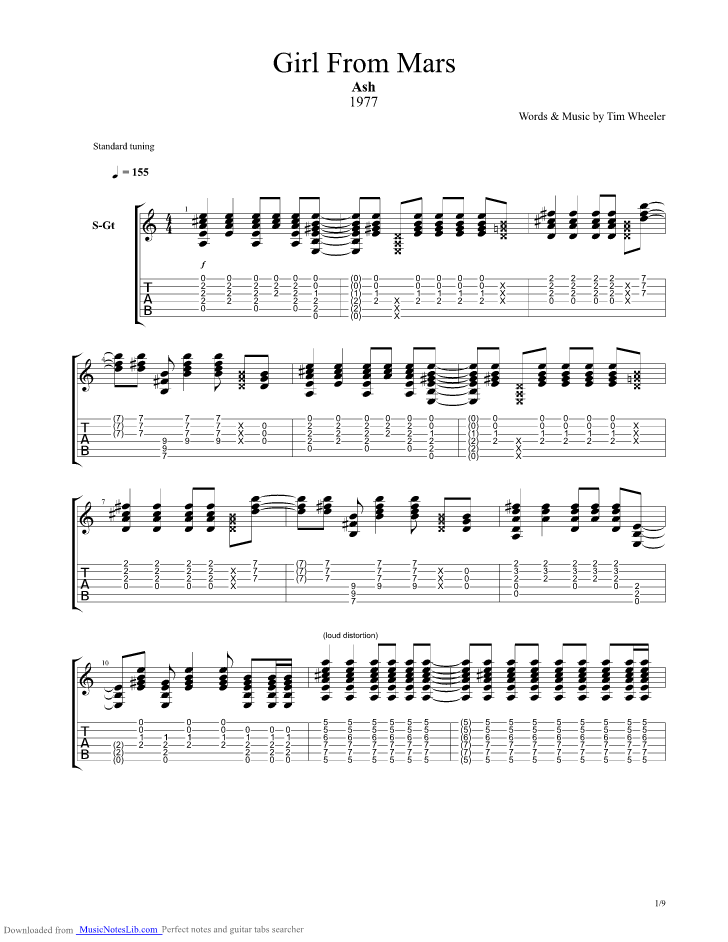 Girl From Mars guitar pro tab by Ash