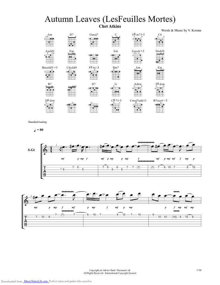 Autumn Leaves LesFeuilles Mortes guitar pro tab by Chet Atkins
