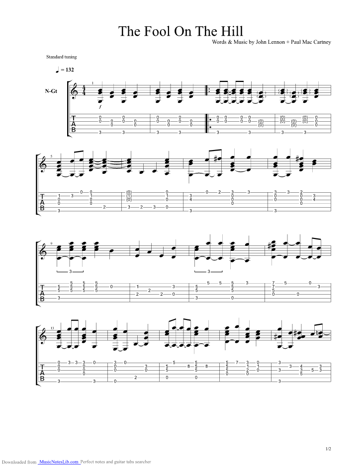 The Fool on the Hill acoustic guitar pro tab by Beatles
