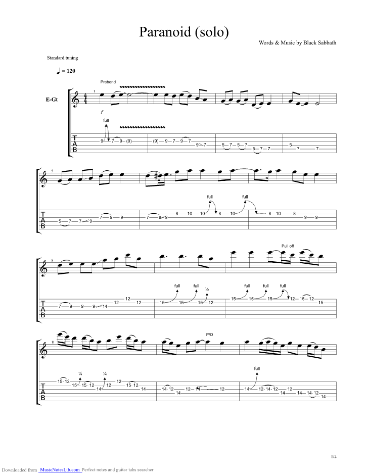 Paranoid Solo guitar pro tab by Black Sabbath