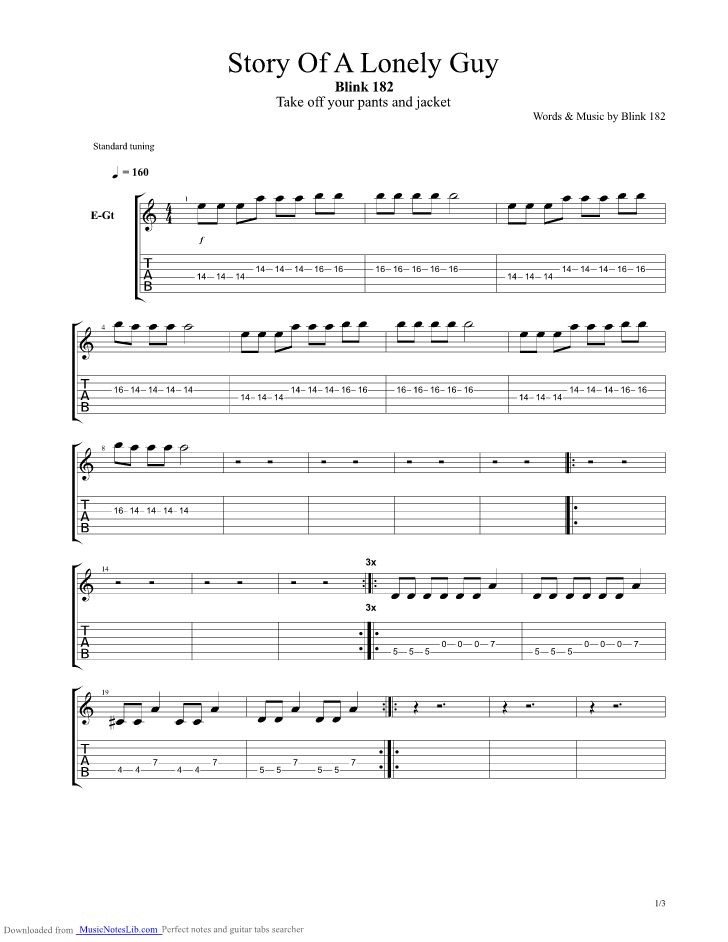 Story Of A Lonely Guy guitar pro tab by Blink 182