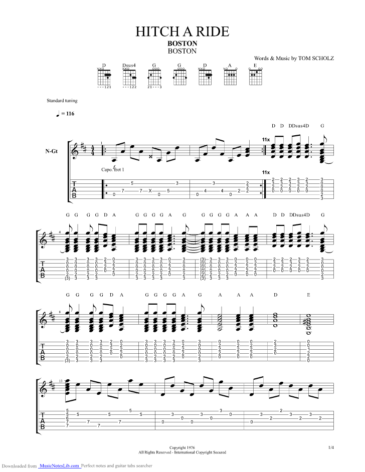 Hitch A Ride guitar pro tab by Boston