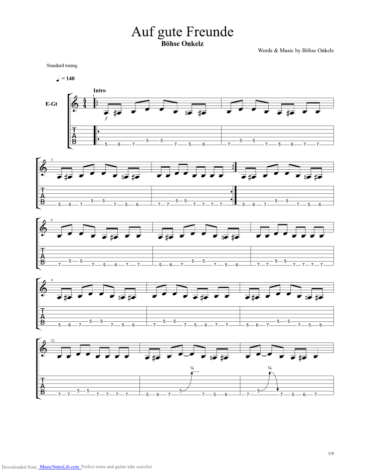Auf Qute Freunde guitar pro tab by Boehse Onkelz