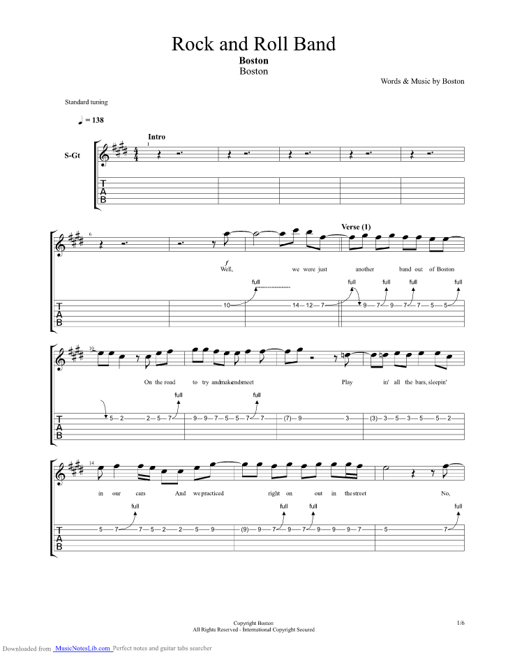 Rock And Roll Band guitar pro tab by Boston