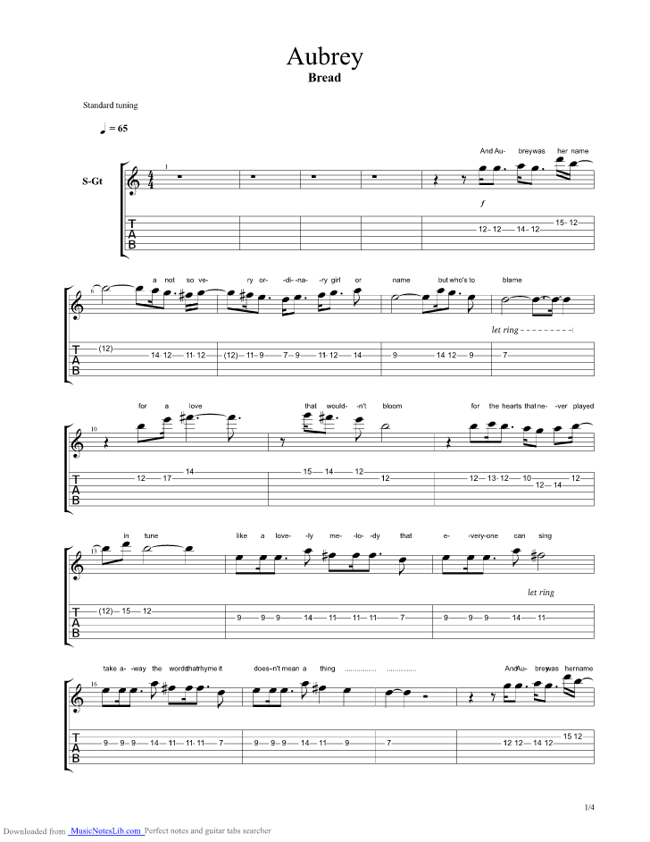 Aubrey guitar pro tab by Bread