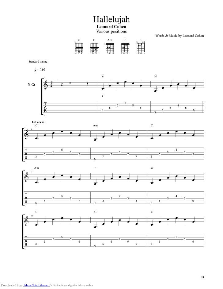 Hallelujah guitar pro tab by Leonard Cohen
