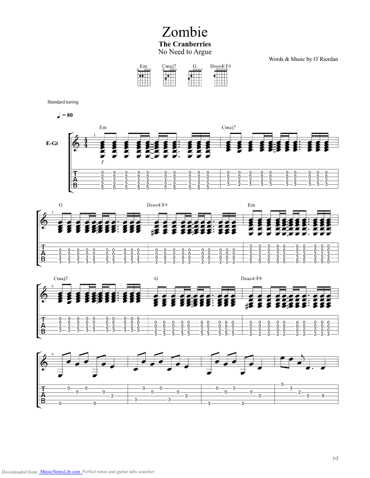 Zombie guitar pro tab by Cranberries
