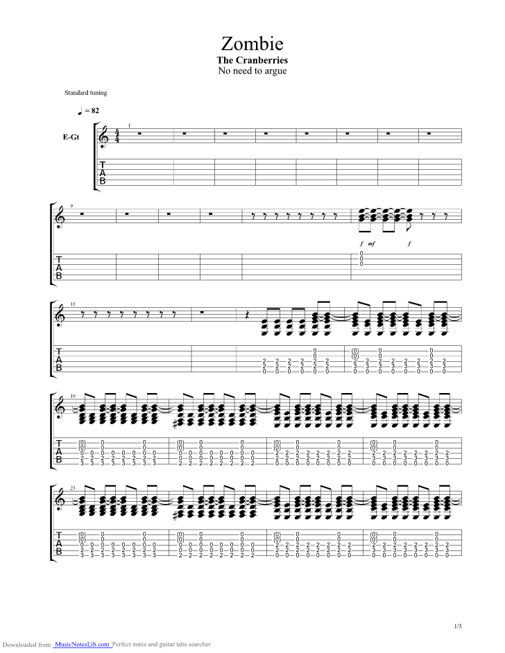 Zombie guitar pro tab by Cranberries