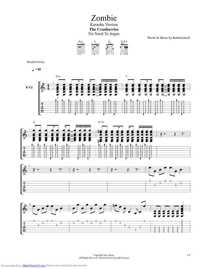 Zombie guitar pro tab by Cranberries