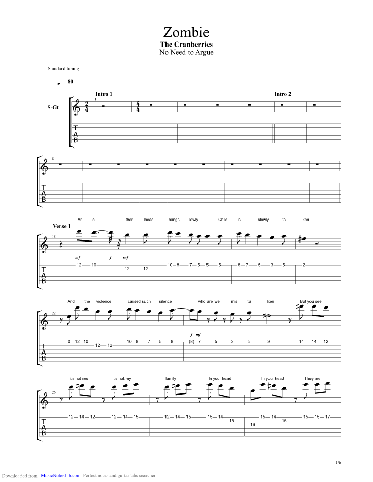 Zombie guitar pro tab by Cranberries