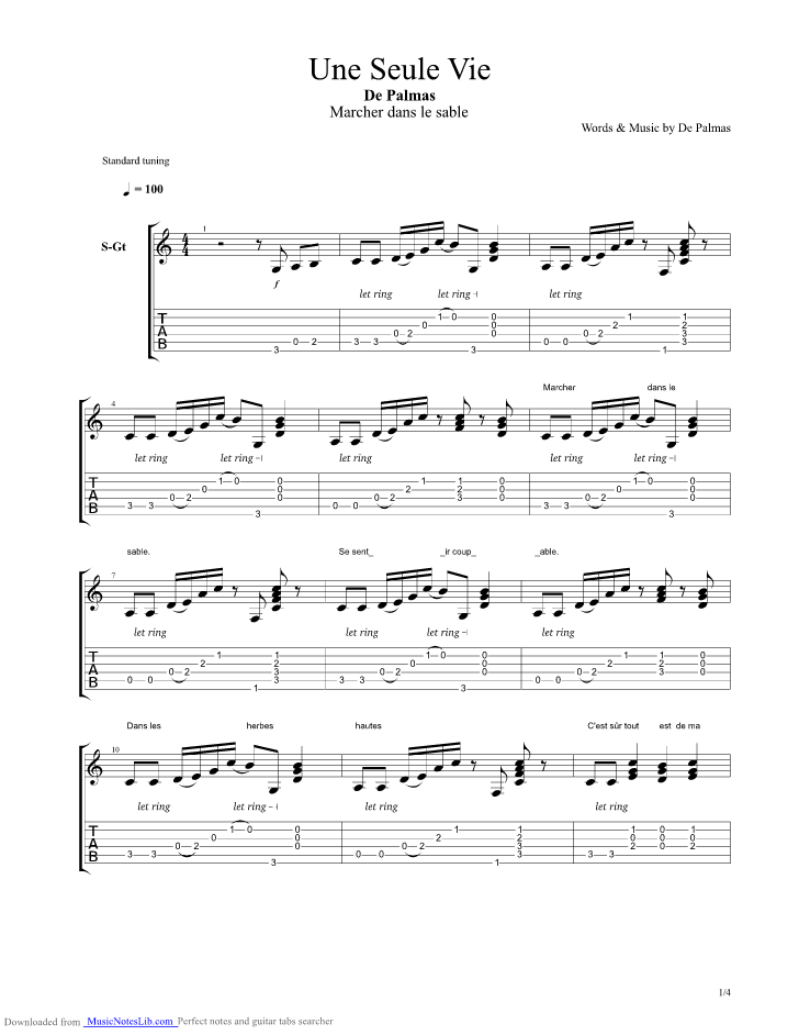 Une Seule Vie guitar pro tab by Gerald De Palmas