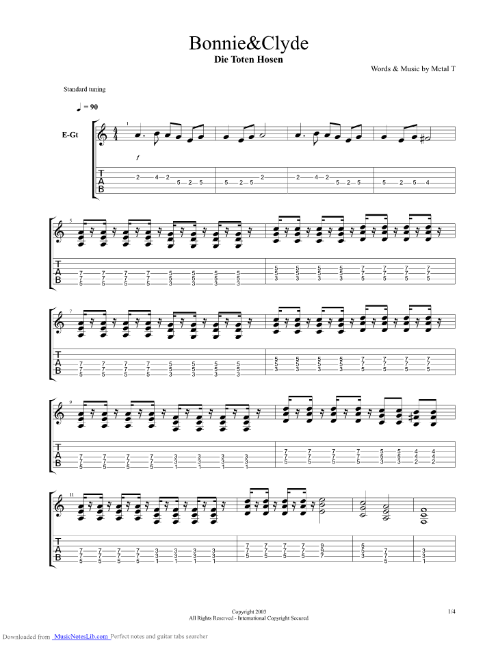 Bonnie and Clyde guitar pro tab by Die Toten Hosen