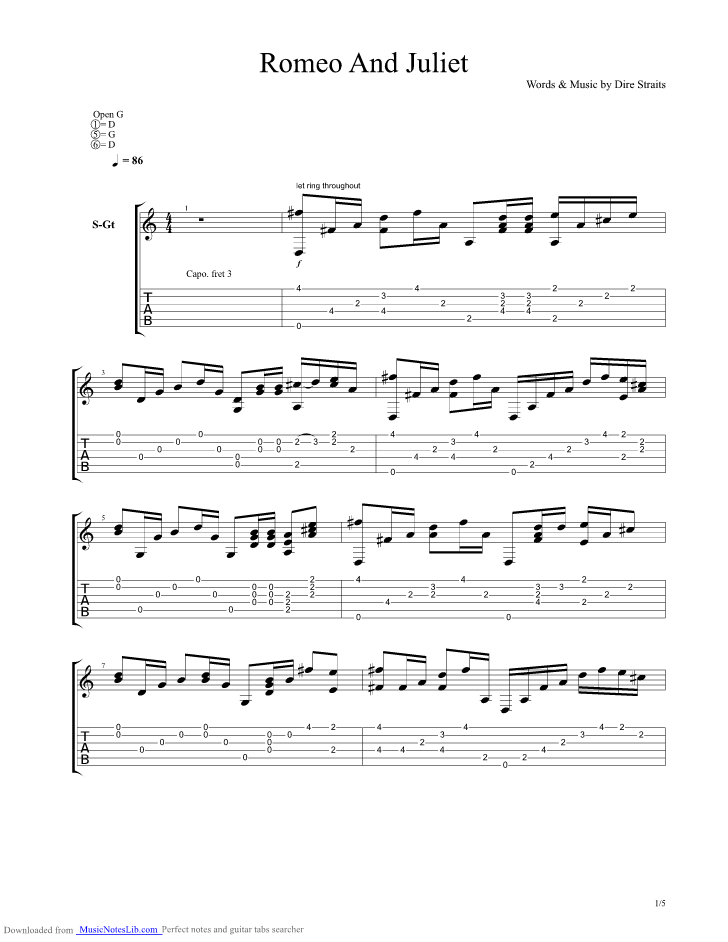 Chord Romeo Romeo And Juliet Dire Straits easy guitar