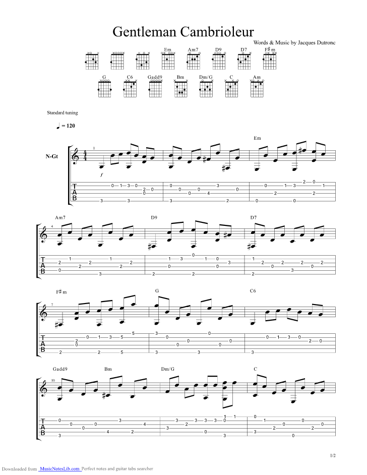 Gentleman Cambrioleur guitar pro tab by Dutronc Jacques
