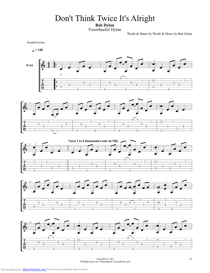 Dont Think Twice Its Alright guitar pro tab by Bob Dylan