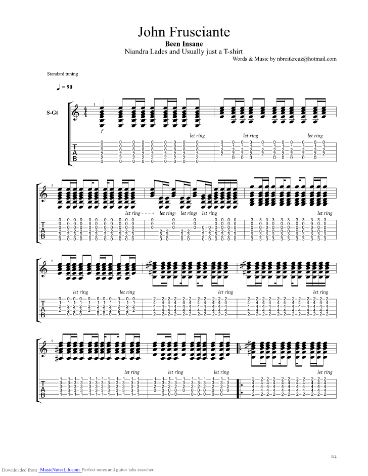 Been Insane guitar pro tab by John Frusciante