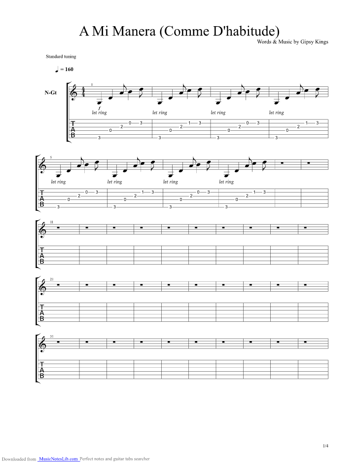 A Mi Manera Comme Dhabitude guitar pro tab by Gypsy Kings