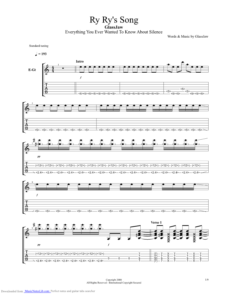 Ry Rys Song guitar pro tab by Glassjaw