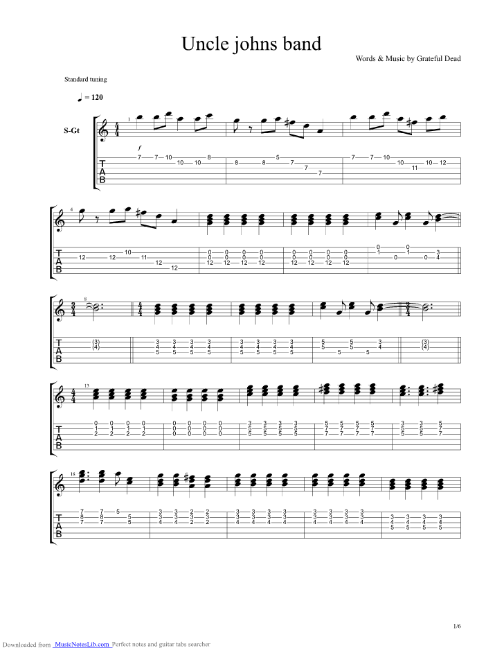 uncle johns band guitar pro tab by Grateful Dead