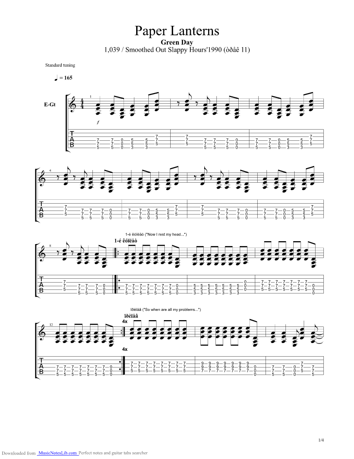 Paper Lanterns guitar pro tab by Green Day
