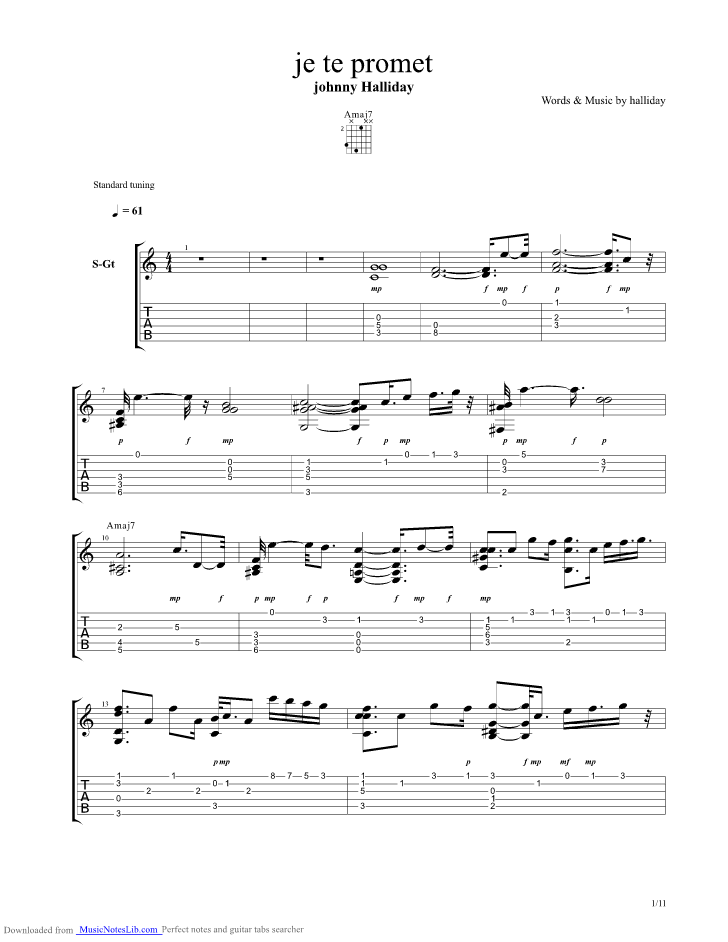 Je te promet guitar pro tab by Hallyday Johnny