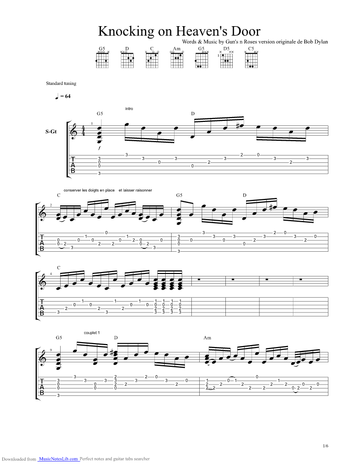 Knocking on Heavens Door guitar pro tab by Guns N Roses