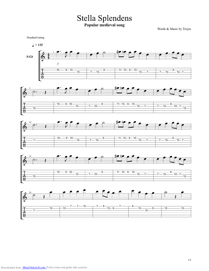 Stella Splendens guitar pro tab by In Extremo