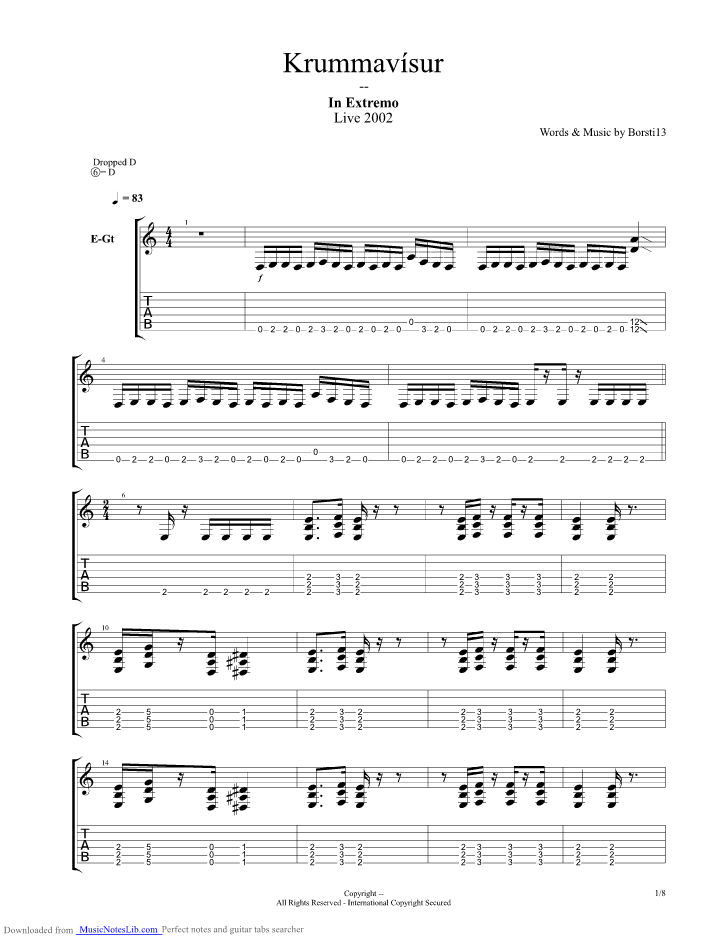 Krummavisur guitar pro tab by In Extremo