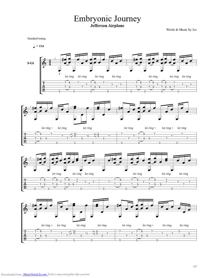 Embryonic Journey guitar pro tab by Jefferson Airplane