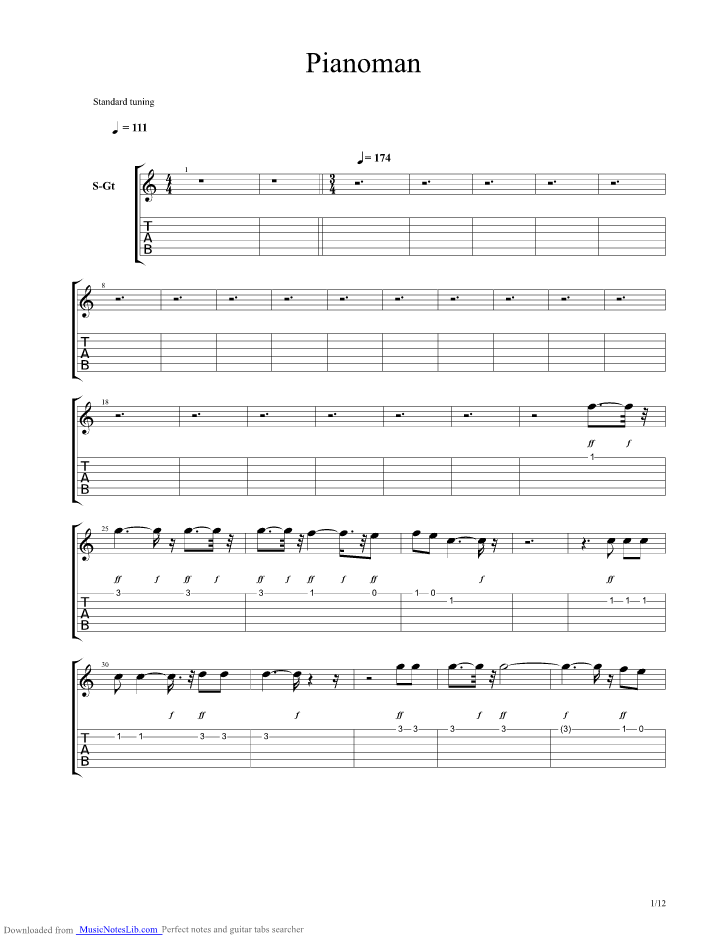 Piano Man guitar pro tab by Billy Joel