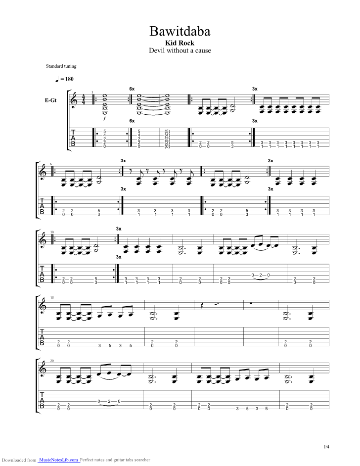 Bawitdaba guitar pro tab by Kid Rock