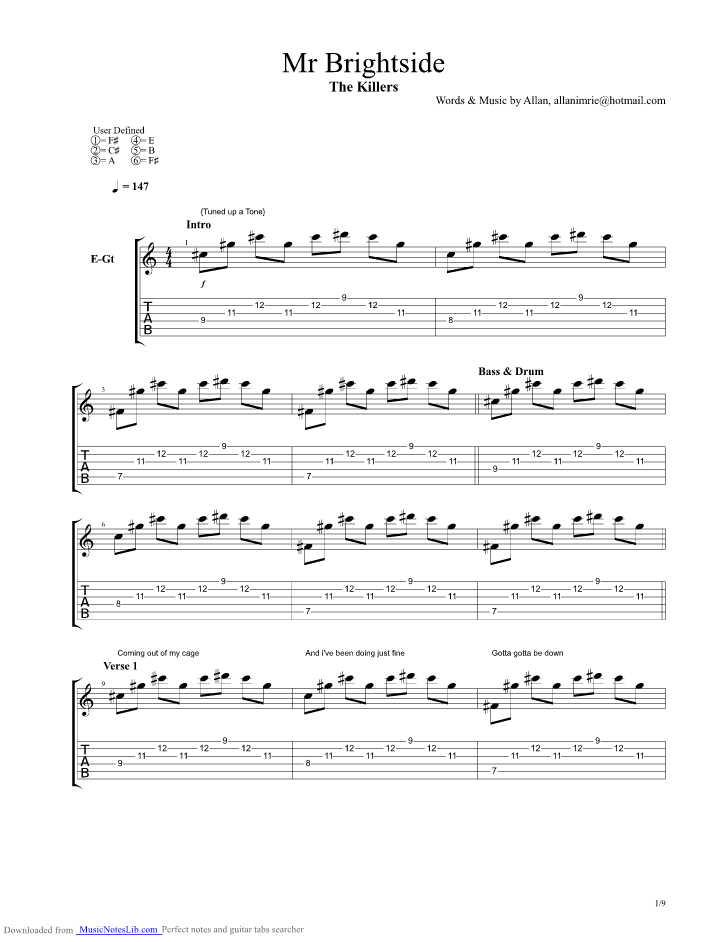 Mr Brightside guitar pro tab by Killers