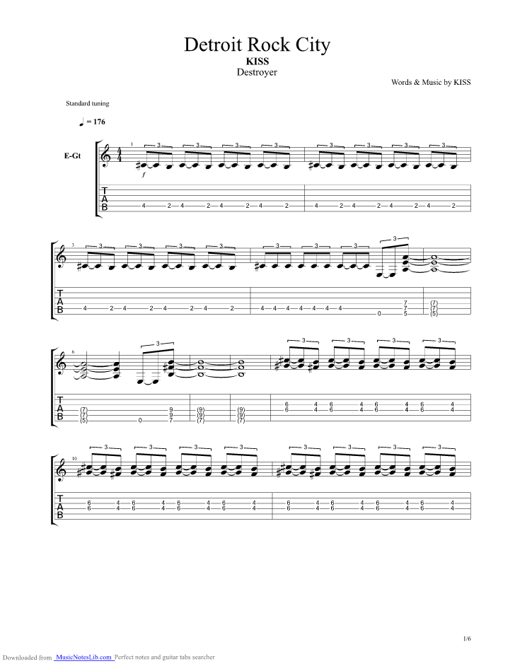 Detroit Rock City guitar pro tab by Kiss