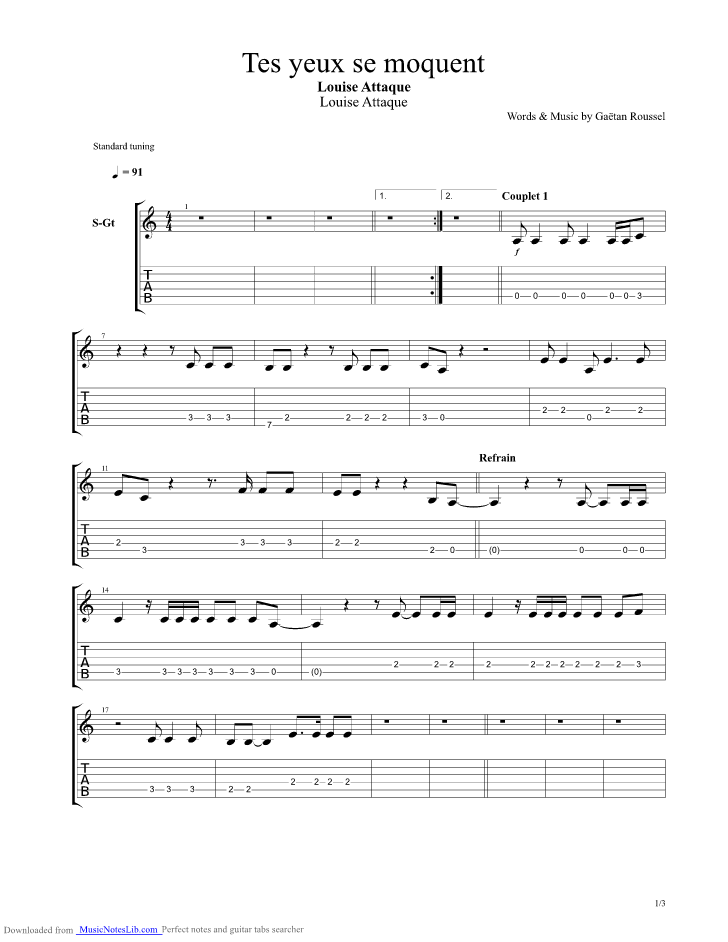 Tes Yeux Se Moquent guitar pro tab by Louise Attaque
