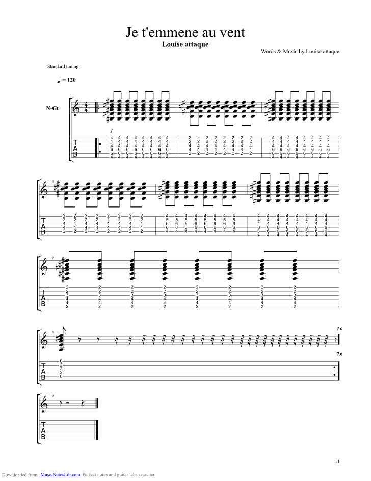 Je t emmene au vent guitar pro tab by Louise Attaque