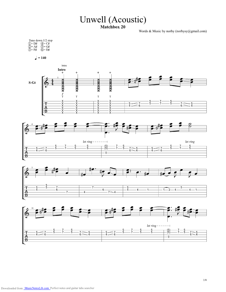 Unwell acoustic guitar pro tab by Matchbox 20