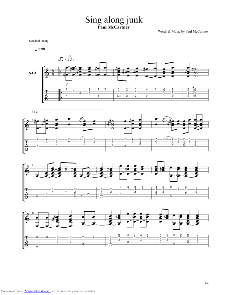 Sing along junk guitar pro tab by Paul McCartney