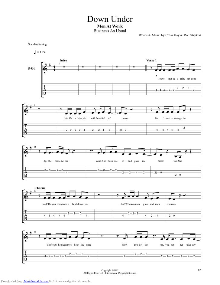 Down Under guitar pro tab by Men At Work