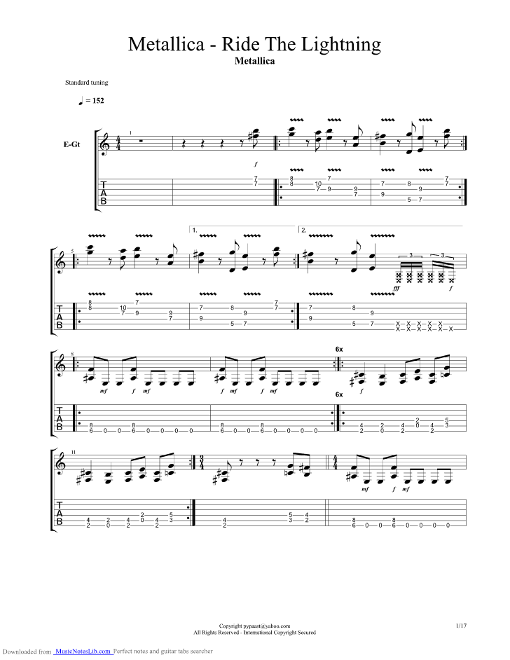 Ride The Lightning guitar pro tab by Metallica
