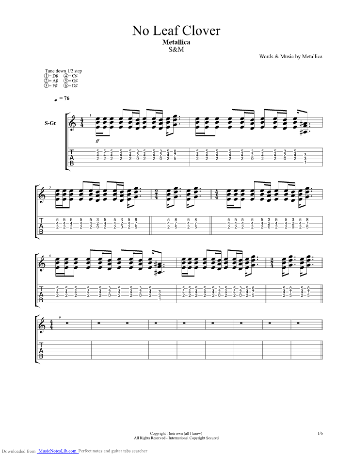 No Leaf Clover S and M guitar pro tab by Metallica