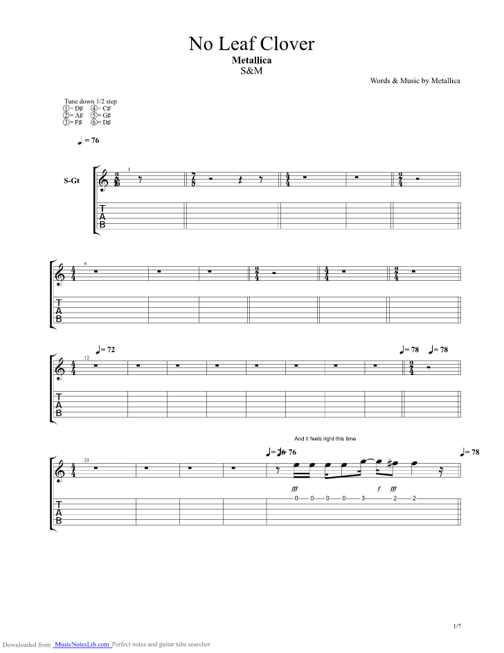 No Leaf Clover S and M guitar pro tab by Metallica