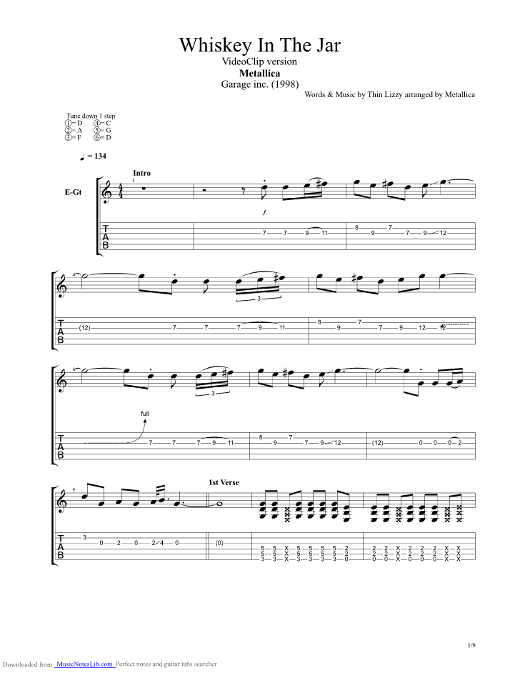 Whiskey in the jar guitar pro tab by Metallica