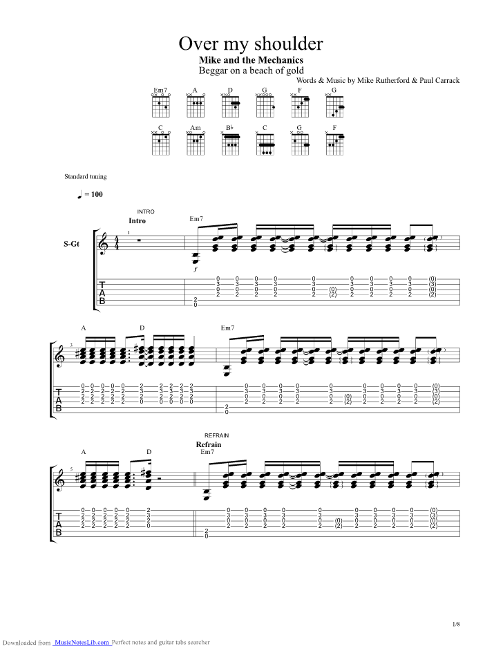 Over My Shoulder guitar pro tab by Mike and The Mechanics
