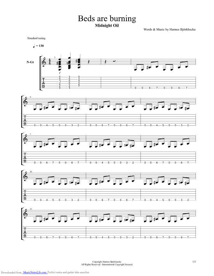 Beds Are Burning guitar pro tab by Midnight Oil